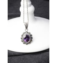 Oval Kolye Mor Ametist Markazit 925 Ayar Zirkon Taşlı Gümüş Kolye (Silver)