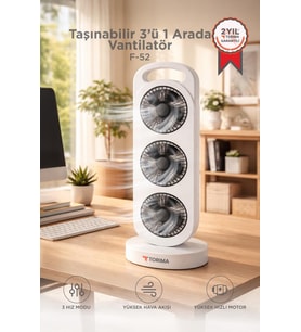 Torima Şarjlı Masaüstü Vantilatör 3 Fanlı Kule Tipi Taşınabilir Fan F52 Beyaz Siyah