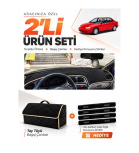 HYUNDAİ ELANTRA (1995-2000) Uyumlu Torpido Örtüsü + Tay Tüyü Bagaj Çantası + Sticker Seti - Siyah Bej
