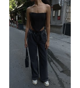 Kadın Arkadan Yırtmaçlı Jeans Kot Palazzo Pantolon - Siyah