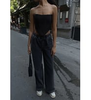 Kadın Arkadan Yırtmaçlı Jeans Kot Palazzo Pantolon - Siyah
