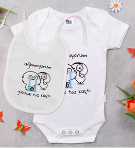 BK Kids Gözüme Toz Kaçtı Tasarımlı Beyaz Bebek Body Zıbın ve Mama Önlüğü Hediye Seti-1