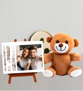 Kişiye Özel 25cm Peluş Ayıcık Ve 4 Fotoğraflı Polo Kart Ve Ahşap Şovalye