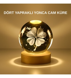 Dekoratif Yonca Görünümlü LED'li Kristal Cam Küre USB Masa Gece Lambası