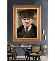 Altın Varaklı Çerçeveli Paspartulu Atatürk Tablo nh68 (Gold)