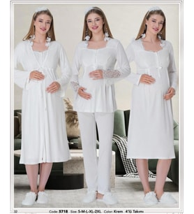 Mecit Pijama 5718 Ecru Sabahlıklı 4 Lü Hamile Lohusa Pijama Gecelik Tk (Ekru)