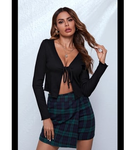 Fantezia Night Kadın Beyaz Uzun Kollu Önden Bağlama Detaylı Crop Top Bluz