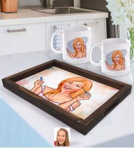 BK Gift Kişiye Özel Kadın Karikatürlü Doğal Ahşap Tepsi ve 2’li Kupa Bardak Seti-21