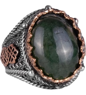 El Yapımı Doğal Cabochon Zümrüt Taşlı Yüzük, 925 Ayar Katı Gümüş Erkek Yüzük