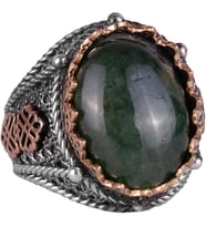 El Yapımı Doğal Cabochon Zümrüt Taşlı Yüzük, 925 Ayar Katı Gümüş Erkek Yüzük