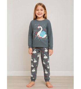 Kız Çocuk Kuğu Baskılı Pamuklu Pijama Takımı (Haki)