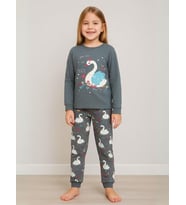 Kız Çocuk Kuğu Baskılı Pamuklu Pijama Takımı (Haki)