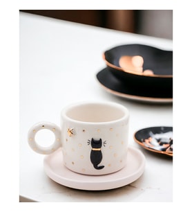 Kedi Desenli 24k Altın Detaylı Handmade 100 ml Türk Kahvesi Fincan ve Tabak