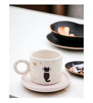 Kedi Desenli 24k Altın Detaylı Handmade 100 ml Türk Kahvesi Fincan ve Tabak