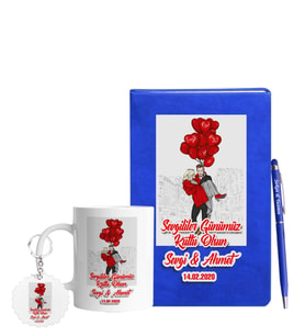 Sevgililer Gününe Özel Mavi Defter Kalem Kupa & Süblimasyon Anahtarlık Hediye Seti 17