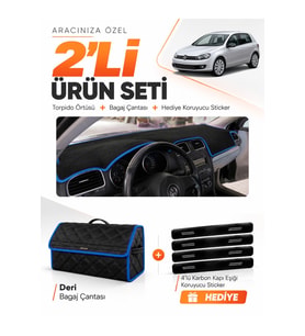 VOLKSWAGEN GOLF 6 (2008-2012) Uyumlu Torpido Örtüsü + Deri Bagaj Çantası + Sticker Seti - Siyah Mavi