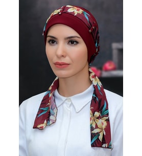 Bordo Pratik Hazır Geçmeli Tesettür Bone Sandy Kumaş Desenli Şifon Kemerli 1305D_16