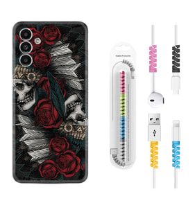 Samsung A23 A31 A32 A50 A51 A52 A53 A70 Kılıf Kablo Koruma Spiral Silikon Skull Rose 1673