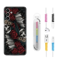Samsung A23 A31 A32 A50 A51 A52 A53 A70 Kılıf Kablo Koruma Spiral Silikon Skull Rose 1673