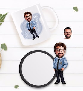 BK Gift Kişiye Özel Erkek Polis Karikatürlü Beyaz Kupa ve Ahşap Bardak Altlığı Hediye Seti-1