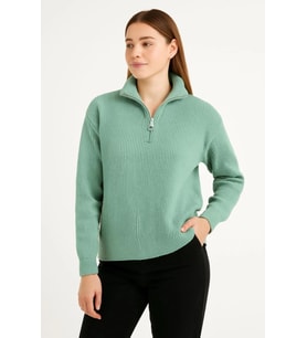 KADIN Yarım Fermuarlı Triko Kazak – Selanik Örgü, Dik Yaka, Pamuklu Dokuma, Oversize Uzun Kollu Kışlık Model - Mint Yeşili