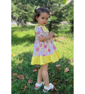DANTEL DETAYLI BAHRİYE YAKA ÇİÇEKLİ RENKLİ SARI KIZ ÇOCUK BEBEK ELBİSE