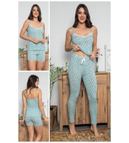 Kadın Çiçek Desenli Dantel Detaylı Şortlu Ve Taytlı Pijama Takımı 3'lü Set 75013
