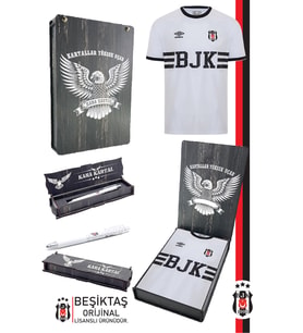 Beşiktaş Orijinal Lisanslı Nostalji Beyaz Bjk Çocuk Forma + Uçlu Kalem Set Hediyelik Ahşap Kutu (Beyaz - Kırmızı - Siyah)