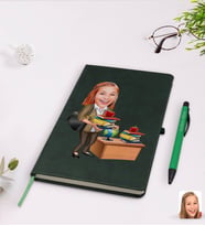 BK Gift Kişiye Özel Kadın Öğretmen Karikatürlü Yeşil Termo Deri Defter Kalem Seti Model 4