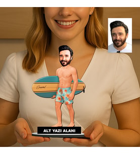 Kişiye Özel Sup Board Süren Erkek5 Karikatürlü 18 cm MDF Masaüstü Biblo - Masaüstü Hediye
