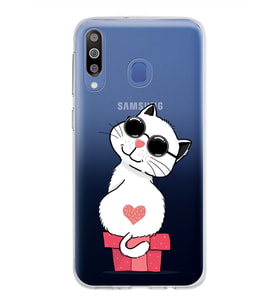 Samsung Galaxy M30 Kapak Cool Cat Tasarımlı Şeffaf Silikon Kılıf