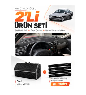 e-biz OPEL VECTRA A (1988-1995) Uyumlu Torpido Örtüsü + Deri Bagaj Çantası Seti - Siyah-Gri - OP014