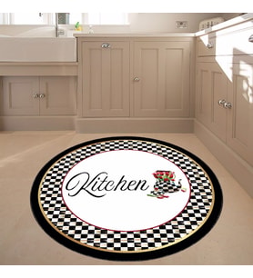 Kitchen Yazılı Çaydanlık Desenli Dijital Baskı Yıkanabilir Kaymaz Taban Yuvarlak Mutfak Halısı (Kahverengi)