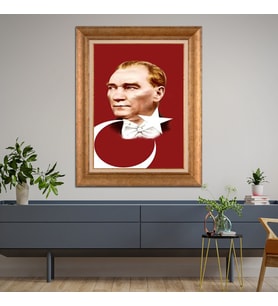 Altın Paspartulu Atatürk  Çerçeveli Tablo C660 (Gold)