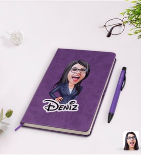 BK Gift Kişiye Özel Kadın Patron Karikatürlü Mor Termo Deri Defter Kalem Seti Model 4