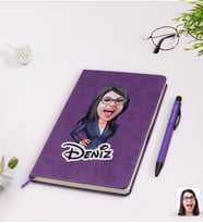 BK Gift Kişiye Özel Kadın Patron Karikatürlü Mor Termo Deri Defter Kalem Seti Model 4
