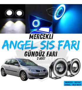Renault Megane 2 2003-2008 Uyumlu Mercekli Angel Sis Farı Metal 76 mm Buz Mavi Halkalı Gündüz Farı 