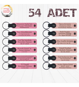 Pembe & Yavru Ağzı, 54’lü Set, İsim ve Mesajlı Deri Anahtarlık, Kafe Müşterilerine Küçük Teşekkür