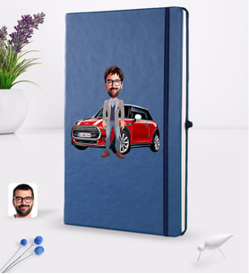 BK Gift Kişiye Özel Plakalı Erkek Mini Cooper Karikatürlü Lacivert Termo Deri Defter 16x24cm Model 1