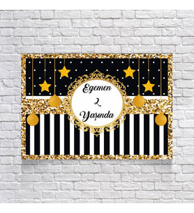 Siyah Beyaz Çizgili Gold Çerçeveli Doğum Günü Afişi 35X50 cm