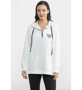Yarım Fermuarlı Kapüşonlu Sweatshirt - Ekru