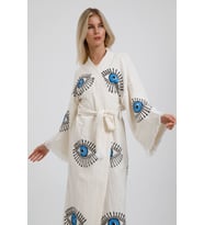 Müslin Kimono %100 Pamuklu Göz Baskılı Desenli Bornoz Kaftan Sabahlık (Ekru)