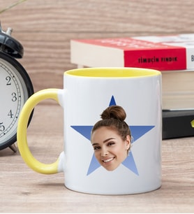 Kişiye Özel Mavi Yıldız Kafa Fotoğraflı Sarı Kupa Bardak