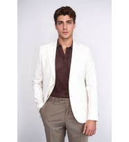Ekru Çizgili Keten Dokulu Gold Renk Metal Düğmeli Slim Fit Erkek Blazer Ceket – Wessi (Bej)