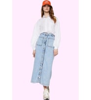 Kadın Önden Düğmeli Denim Maxi Etek Pamuk Casual Günlük Stil Hafta Sonu Yaz Aylarının Vazgeçilmezi (Mavi)