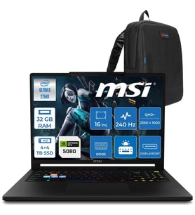 MSI Msı Raider 16 Hx B2WI-021TR Intel Ultra 9 275HX Aı 32GB Ddr5 4tb Ssd+4tb SSD 16GB/RTX5080 175W 16" QHD+(2560X1600), 240Hz IPS %100 Dcı-P3 Freedos Gaming Laptop MSW021TRF16+ZETTAÇANTA