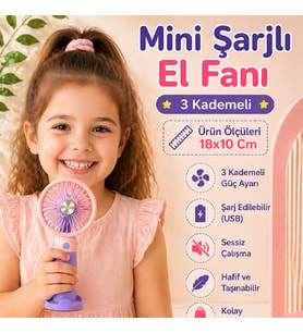 Mini Şarjlı El Fanı 3 Kademeli Taşınabilir USB Fan Sessiz Soğutucu 18x10 Cm