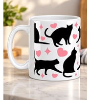 Kalpli Siyah Kedi Silüeti Desenli Kedi Severlere Hediye Porselen Kupa Bardak