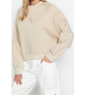 Tarz Regular Bisiklet Yaka Düşük Kol Crop Fit Nakışlı Kalın İçi Polarlı Örme Sweatshirt