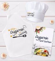 BK Gift Kişiye Özel Mutfak Önlüğü Aşçı Şapkası ve Tarif Defteri Hediye Seti Model 14